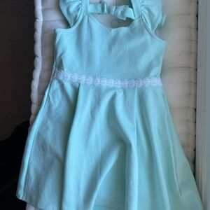 [Janie and Jack] Girls Mint/Turquoise/Light Blue Lace-Trim Dress w/ Bow - Size 6